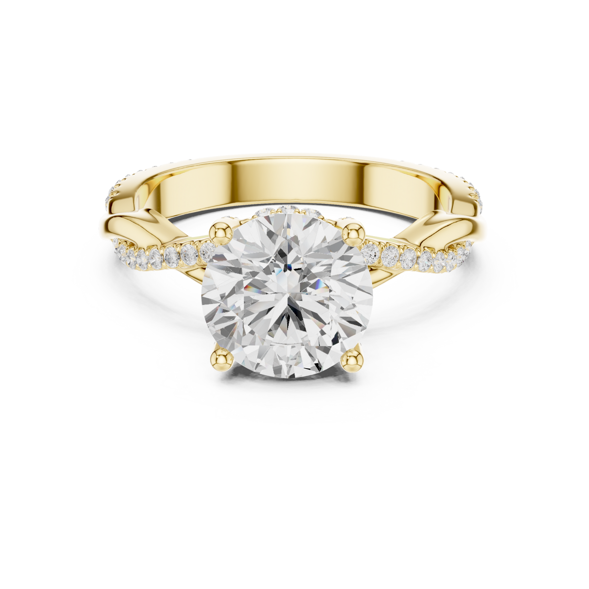 Round twisted vine pave engagement ring yellow gold detail view