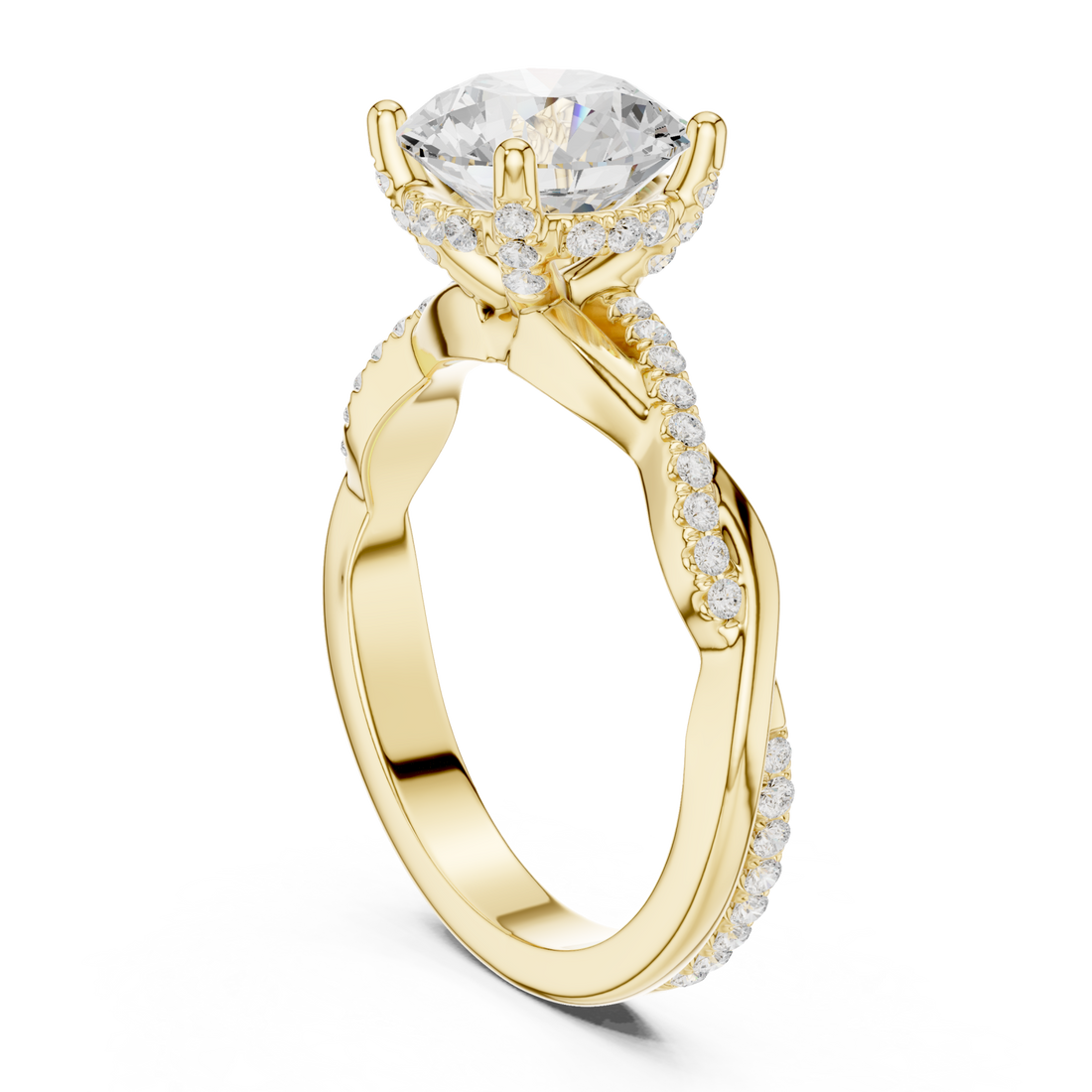 Round twisted vine pave engagement ring yellow gold front view