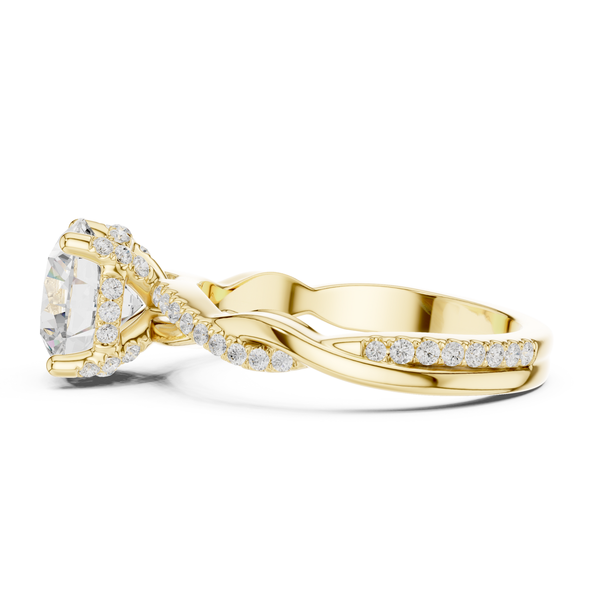 Round twisted vine pave engagement ring yellow gold side view