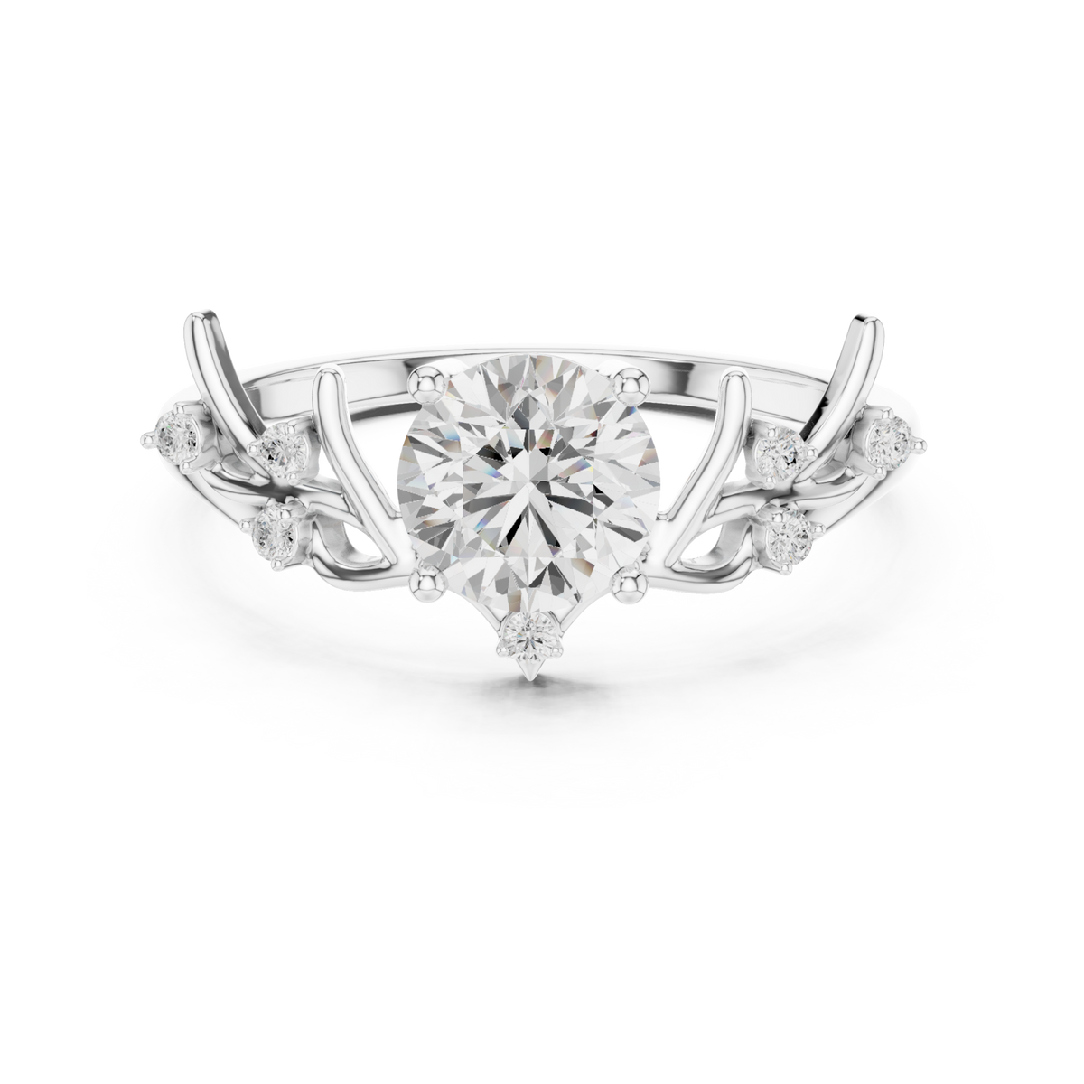 Round vine branch ring white gold detail view