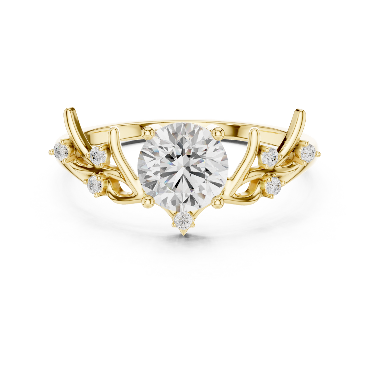 Round vine branch ring yellow gold detail view