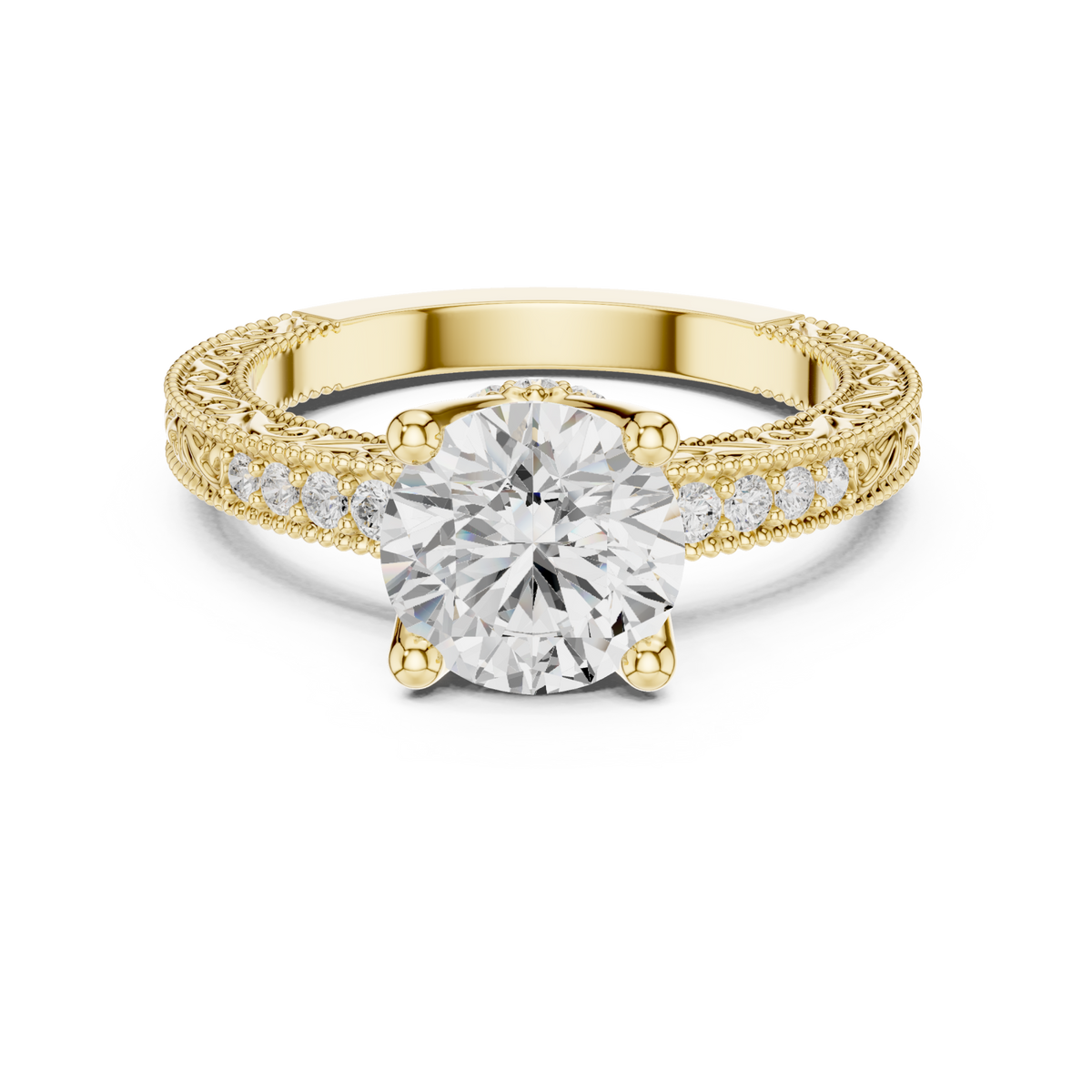 Round vintage engraved pave engagement ring yellow gold detail view