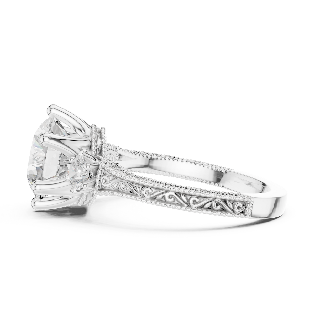 Round vintage engraved three stone ring white gold angle view