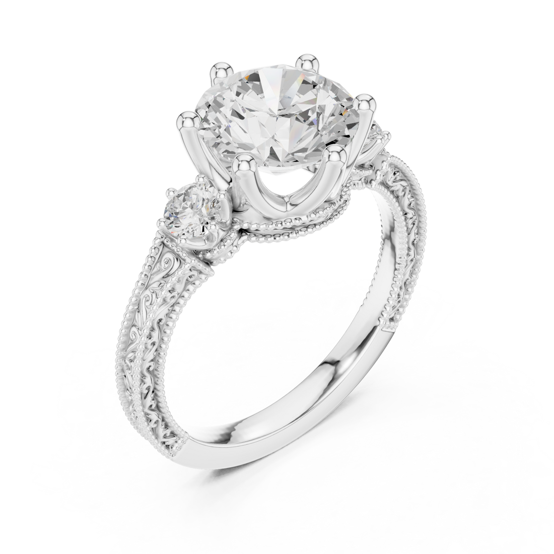 Round vintage engraved three stone ring white gold front view