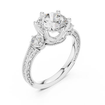 Round vintage engraved three stone ring white gold front view