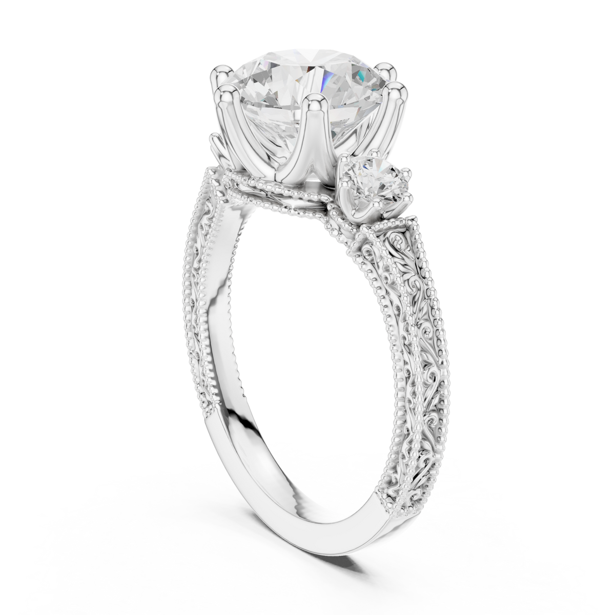 Round vintage engraved three stone ring white gold side view