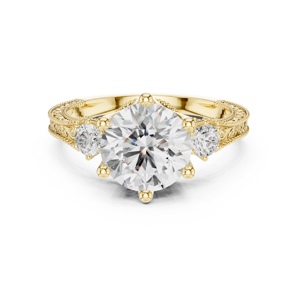 Round vintage engraved three stone ring yellow gold detail view