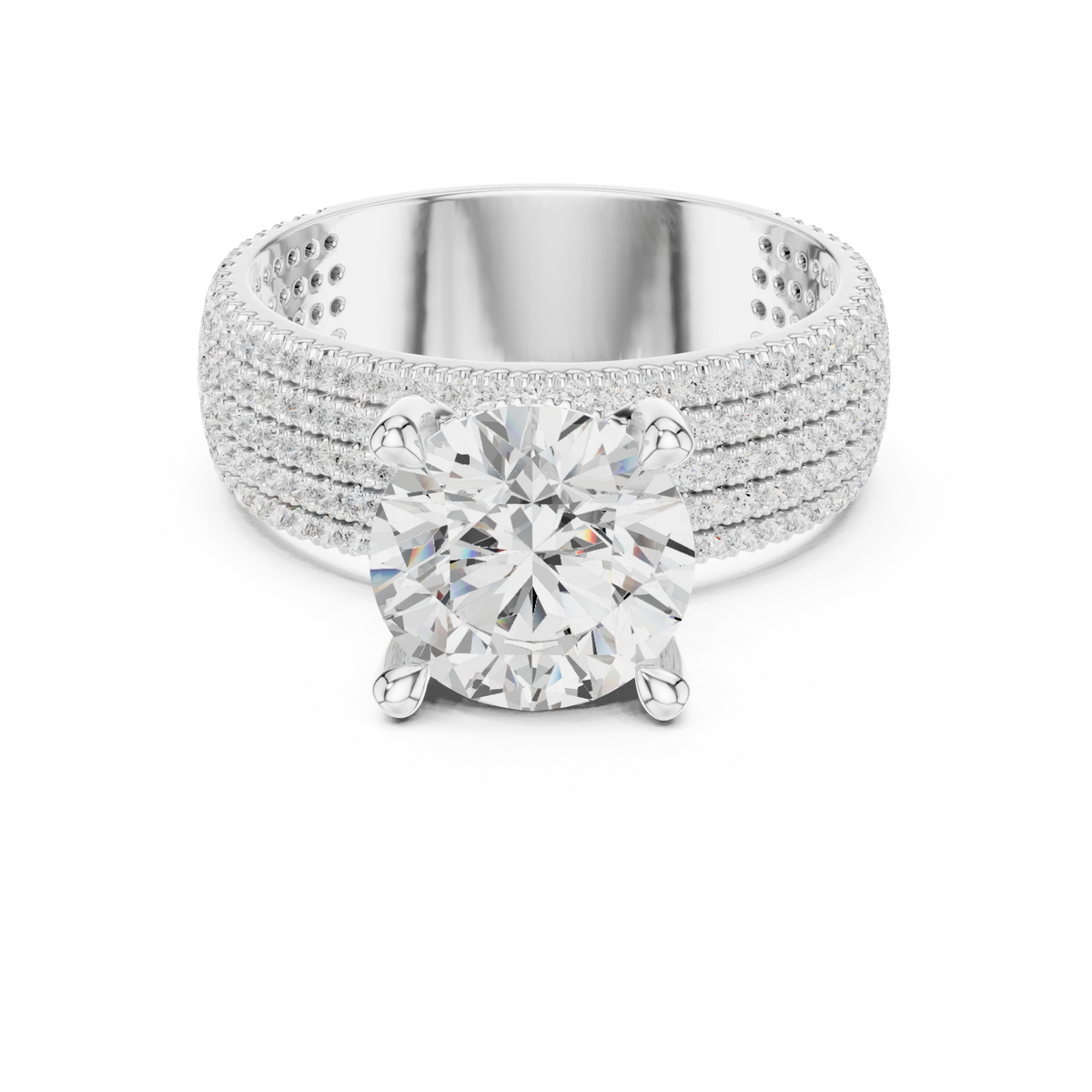 Round wide pave band engagement ring white gold detail view