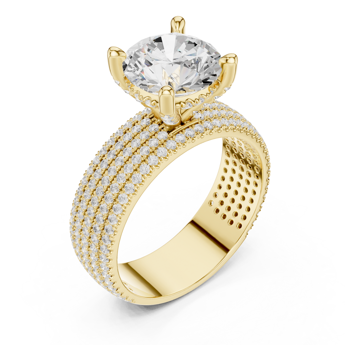 Round wide pave band engagement ring yellow gold front view