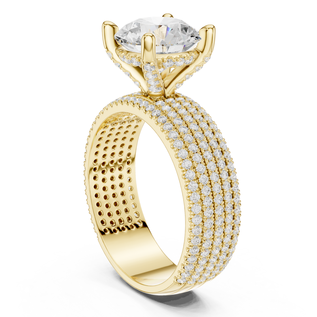 Round wide pave band engagement ring yellow gold front view