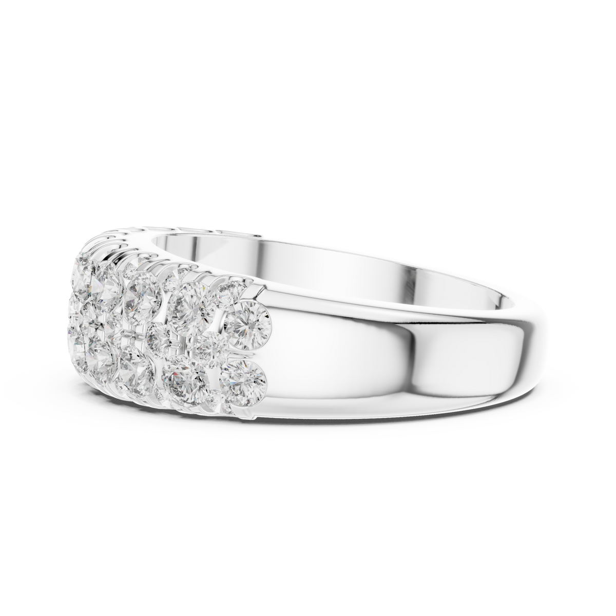 Scalloped edge round cluster half band white gold angle view