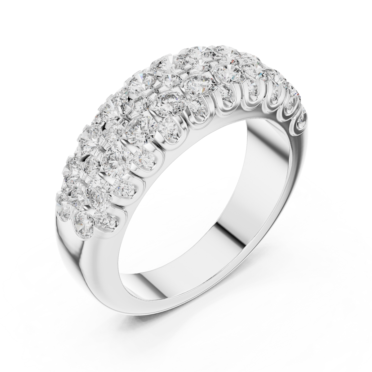 Scalloped edge round cluster half band white gold front view