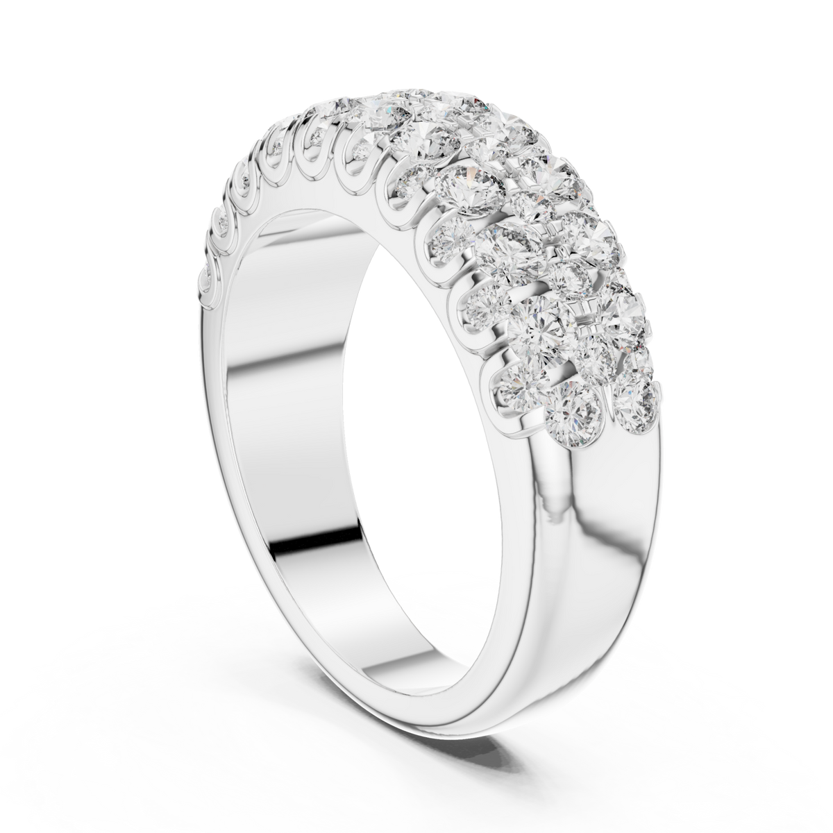 Scalloped edge round cluster half band white gold side view