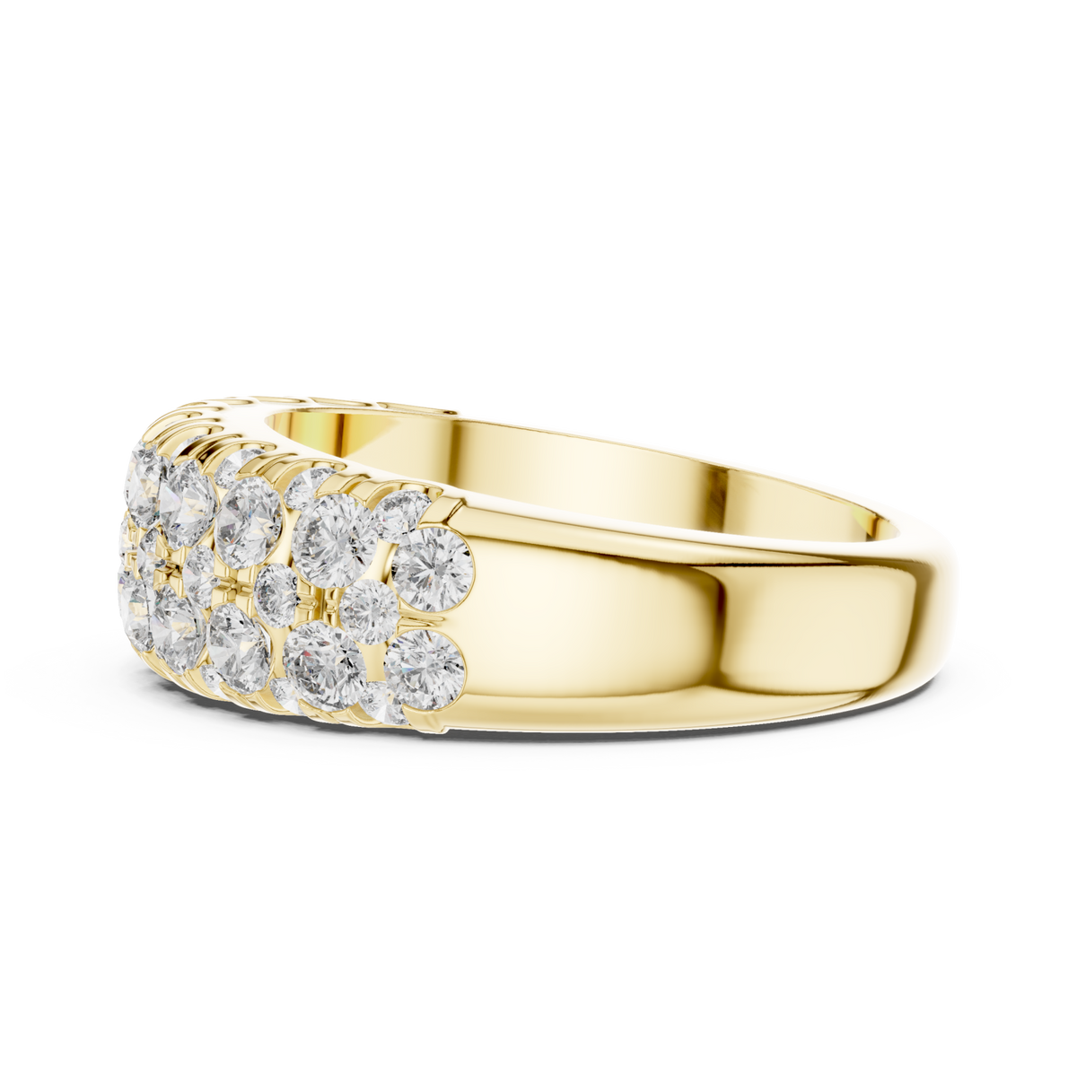 Scalloped edge round cluster half band yellow gold angle view