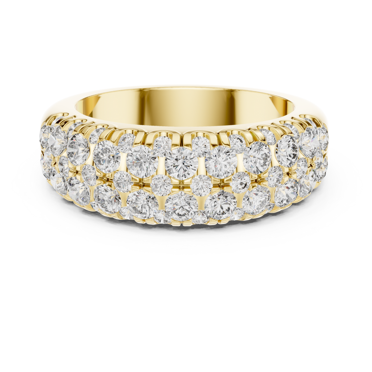 Scalloped edge round cluster half band yellow gold detail view