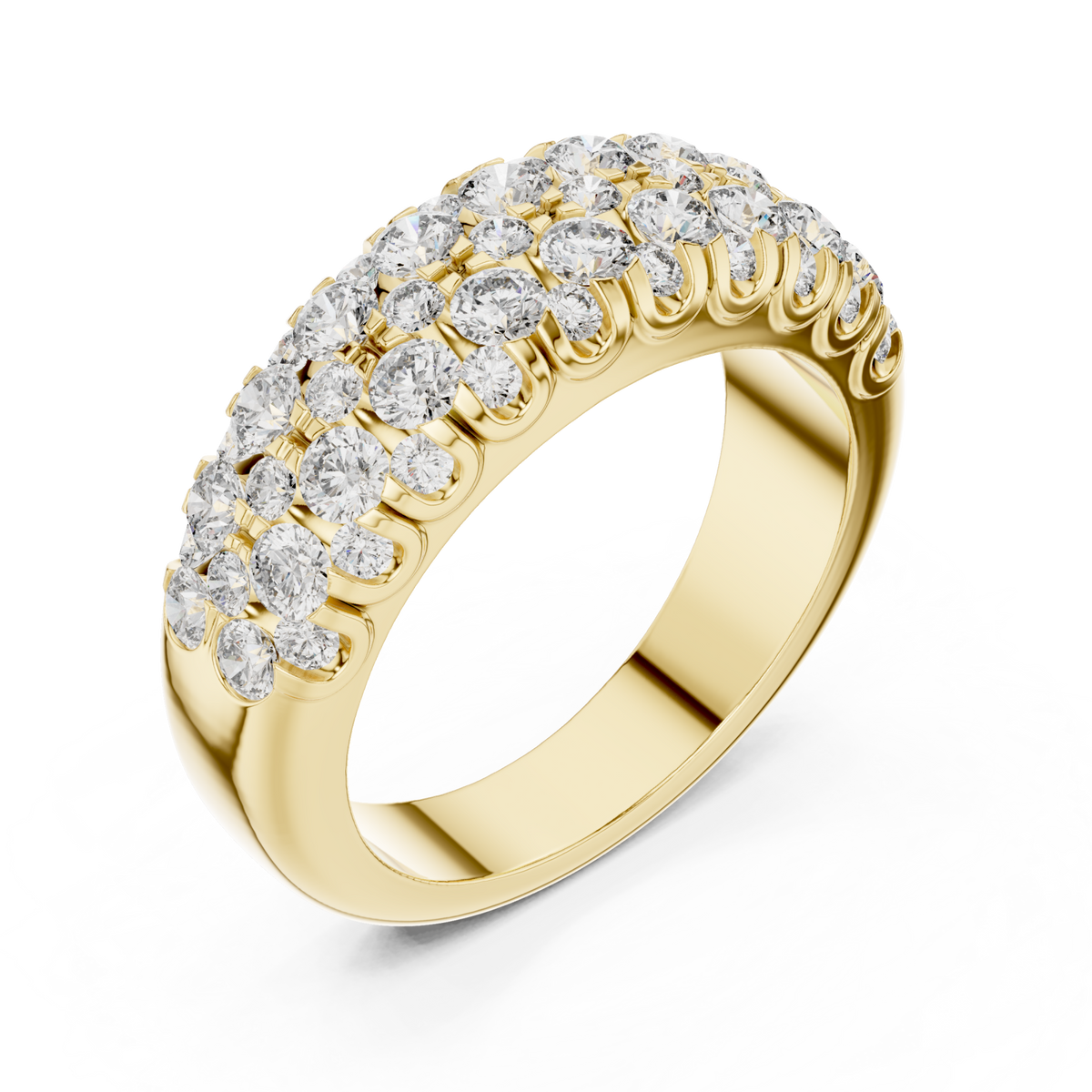 Scalloped edge round cluster half band yellow gold front view
