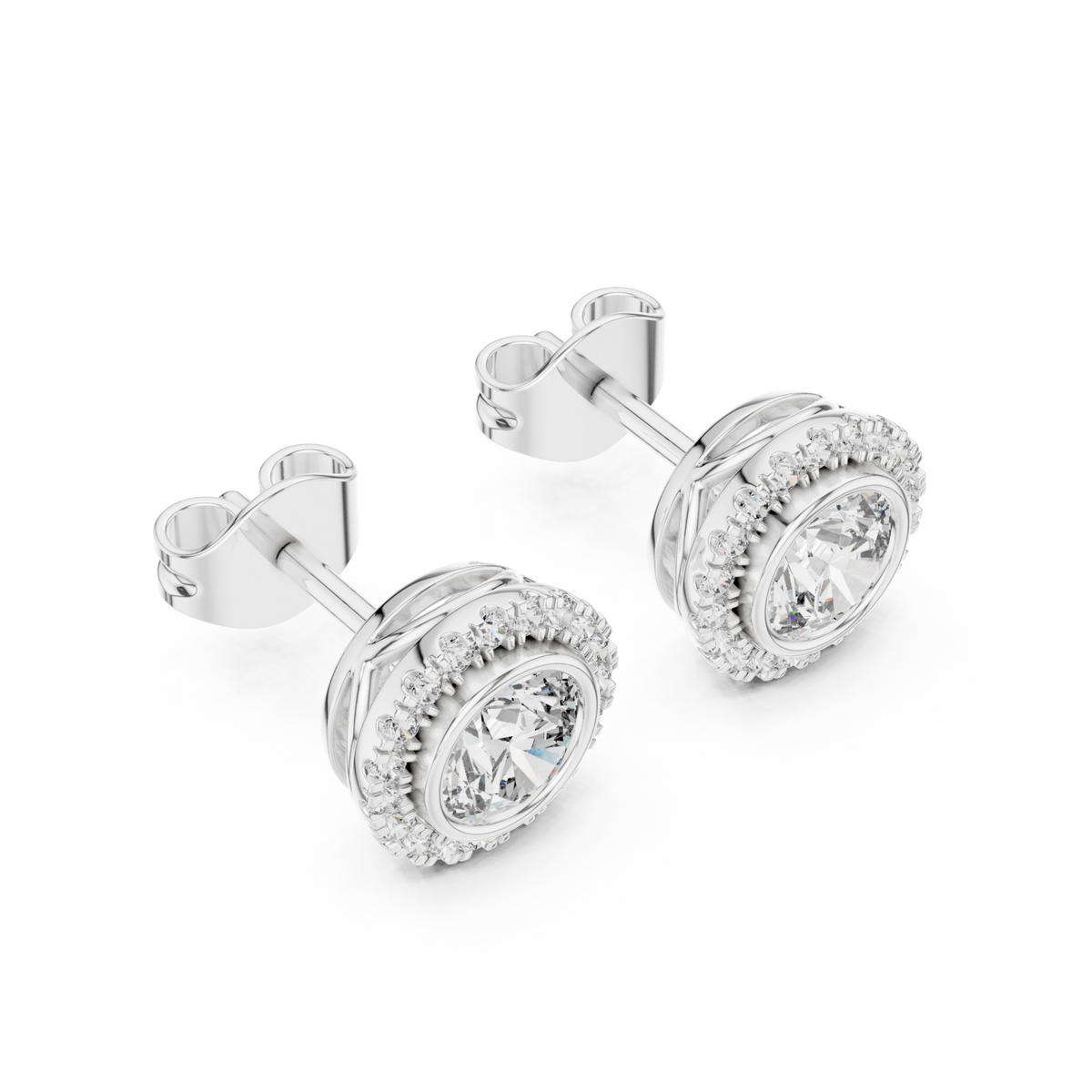  White Gold Scalloped Halo Round Studs Angle View