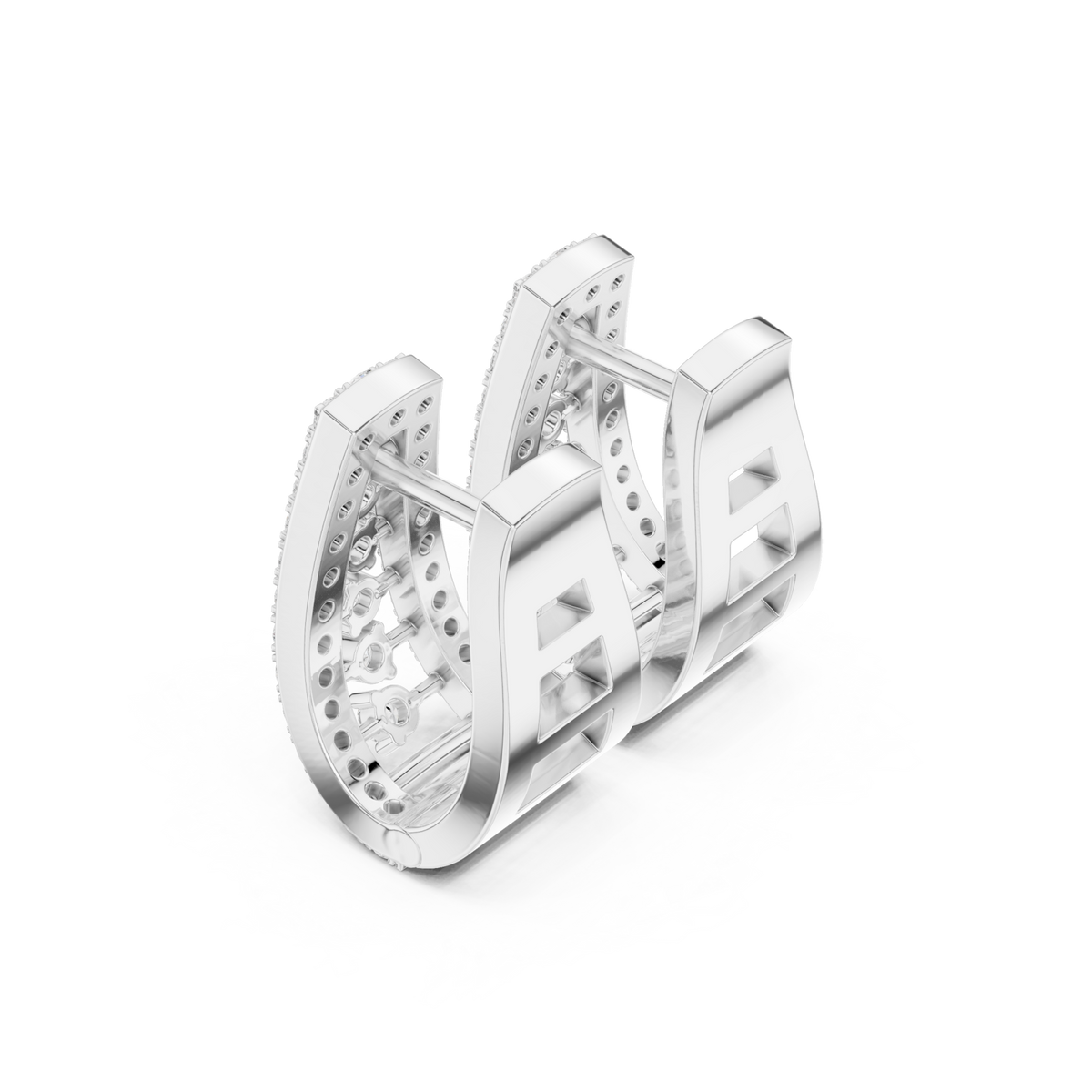  White Gold Scatter Panel Diamond Huggie Hoops Front View