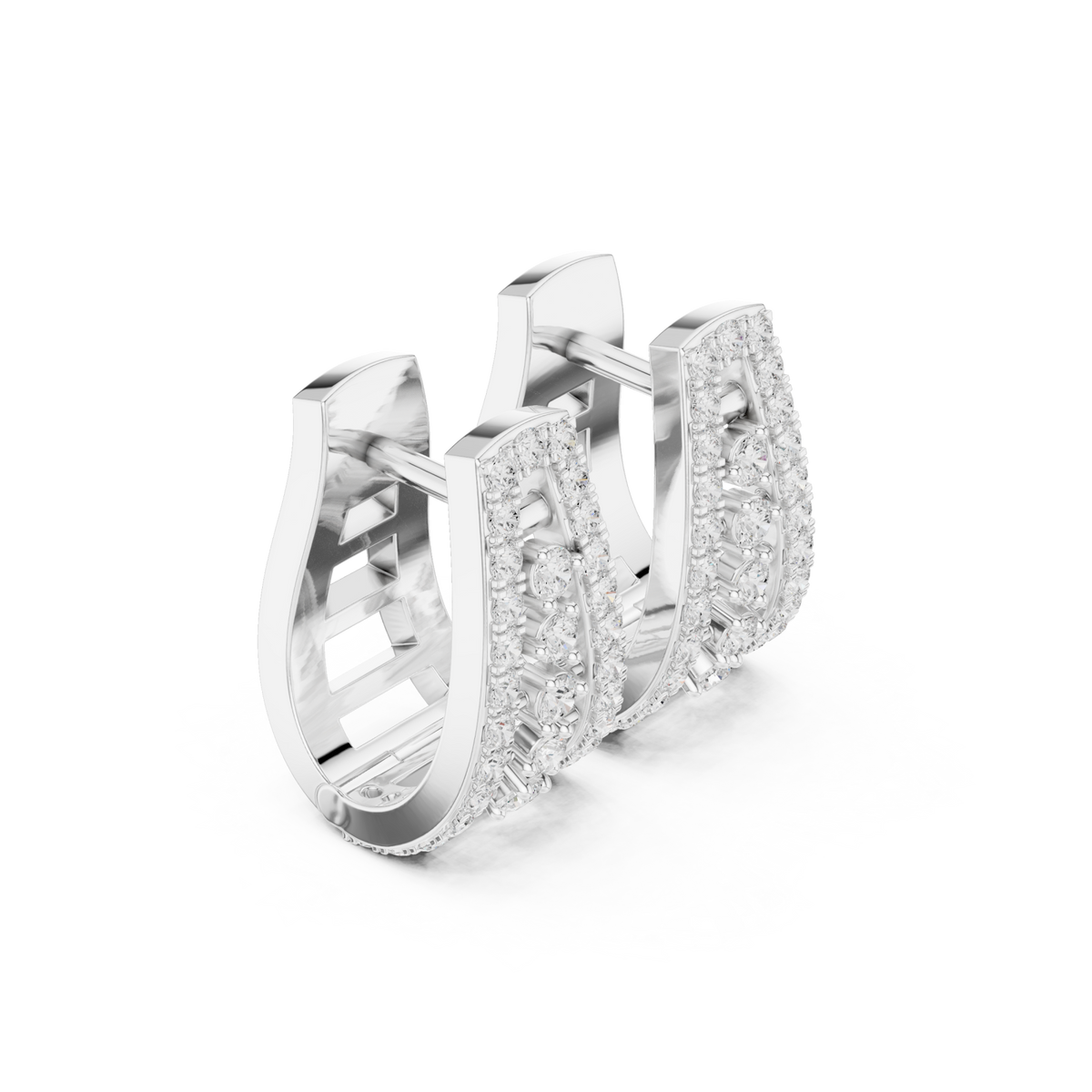  White Gold Scatter Panel Diamond Huggie Hoops Side View