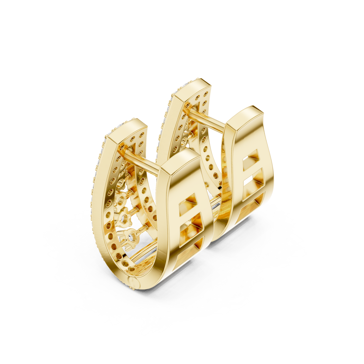 Gold Scatter Panel Diamond Huggie Hoops Front View