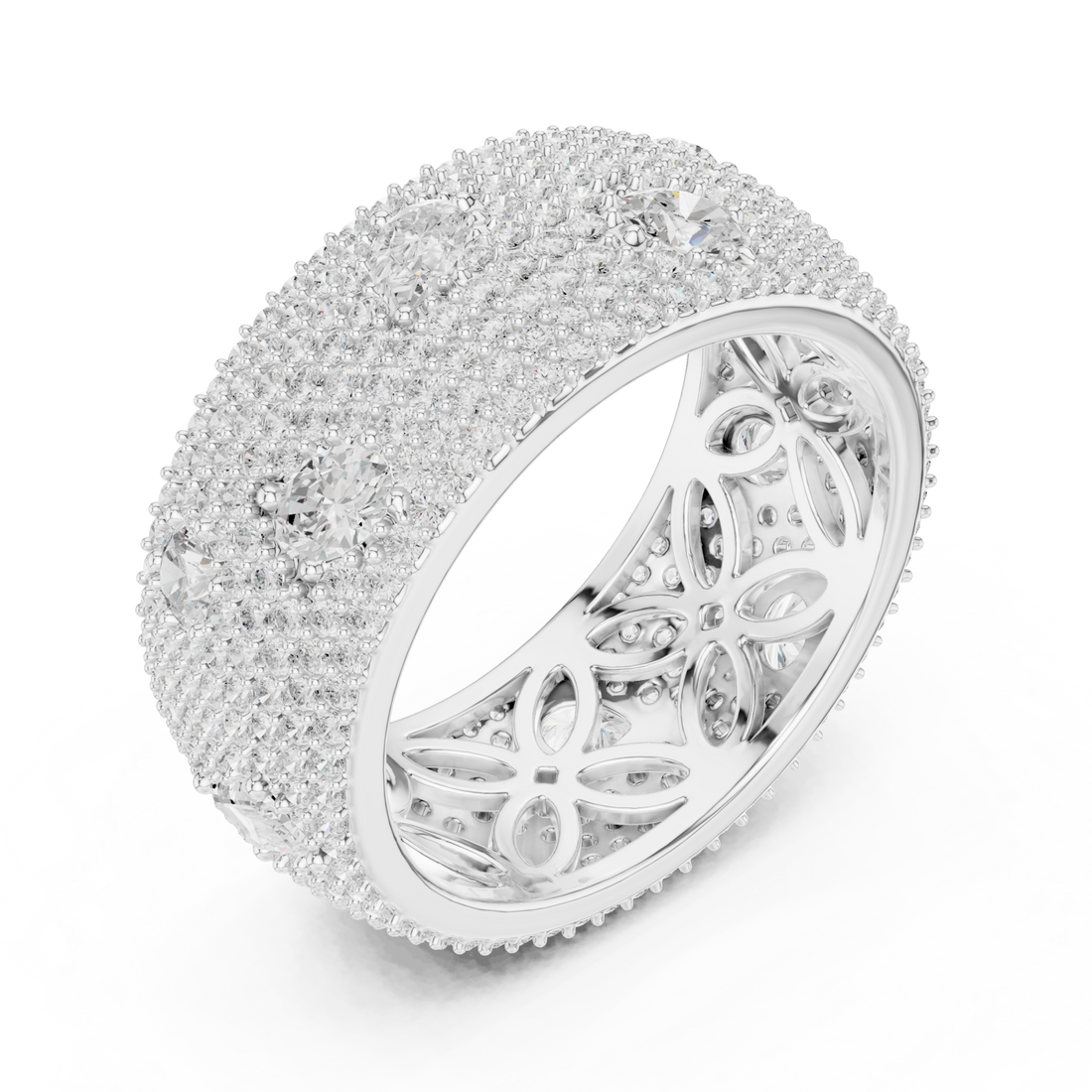 Scattered fancy-cut pave dome band white gold front view
