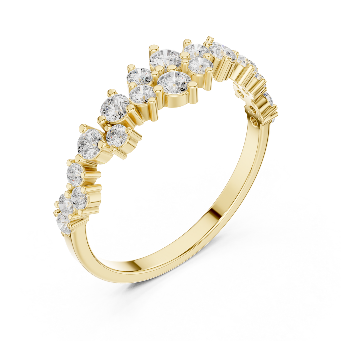 Scattered round cluster half band yellow gold front view