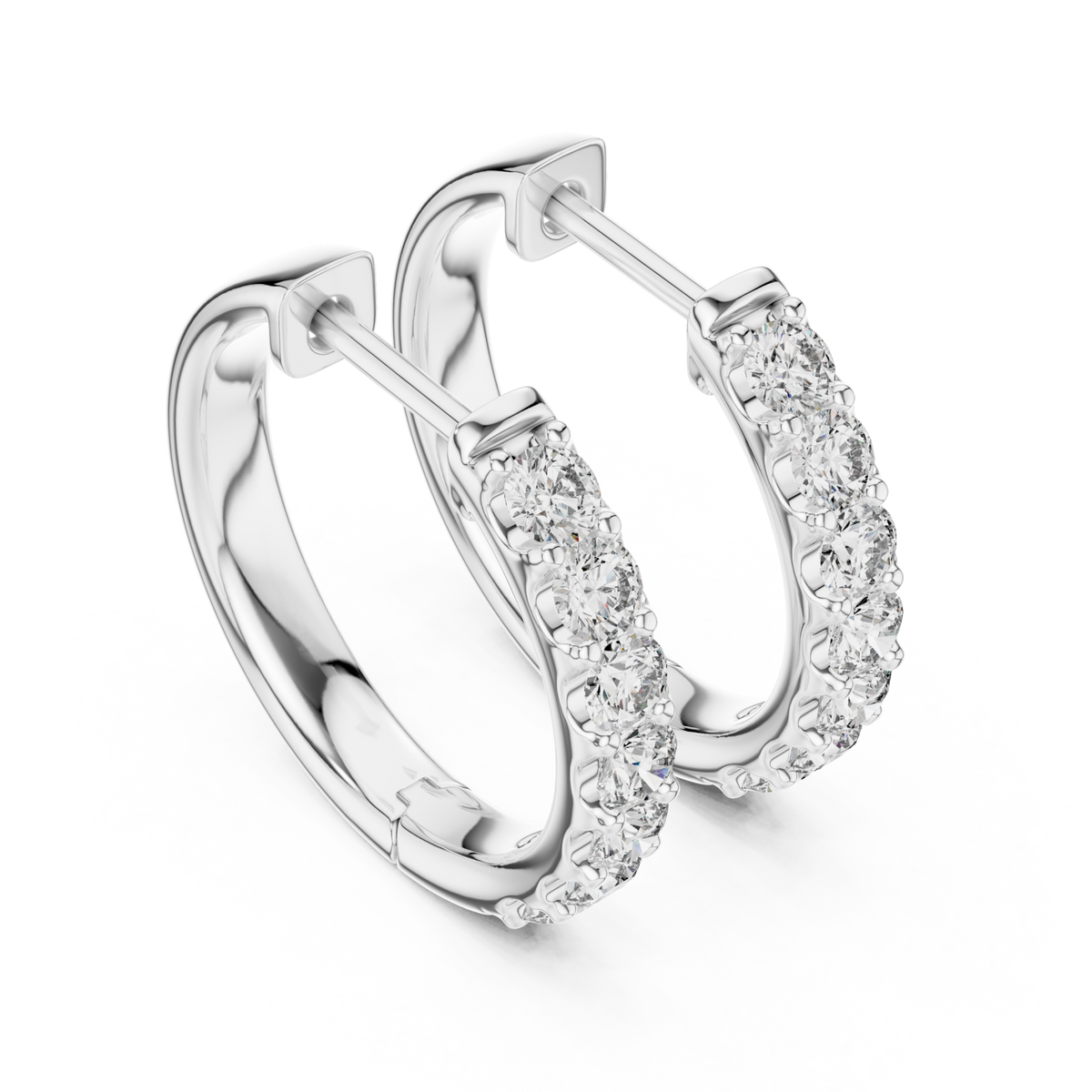  White Gold Shared Prong Round Huggie Hoops Front View