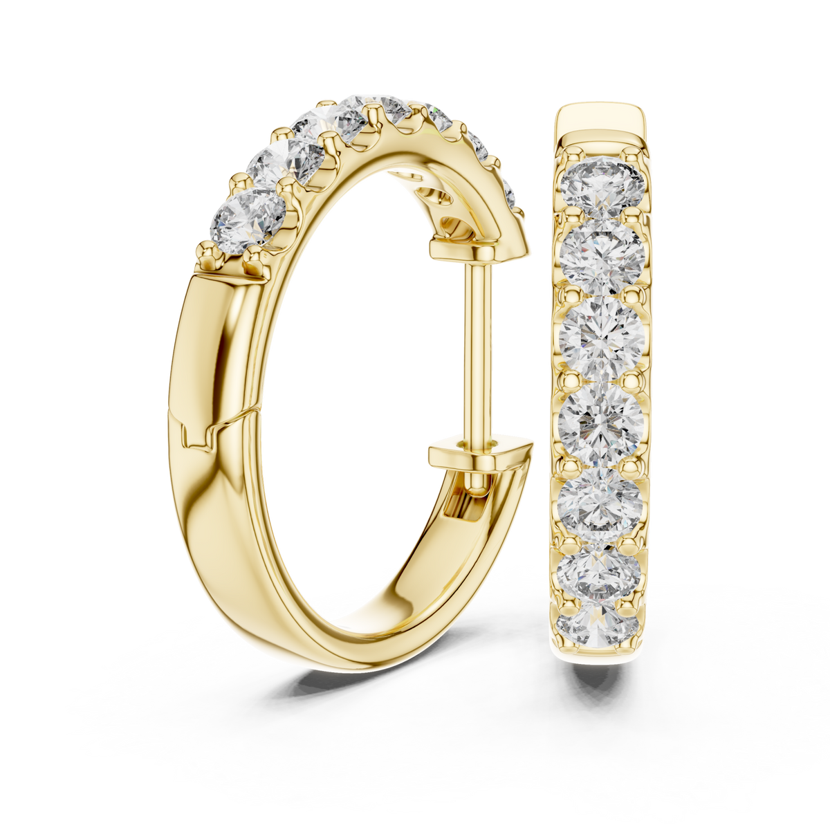  Gold Shared Prong Round Huggie Hoops Side View