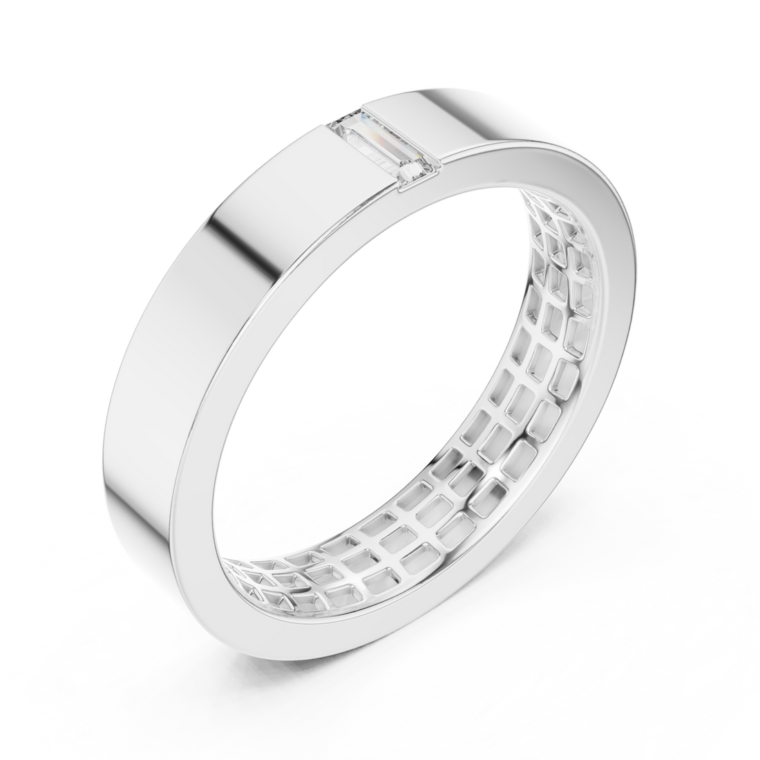  White Gold Single Baguette Flat Band for Him Front View