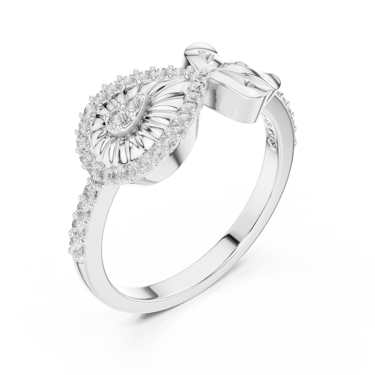 Teardrop fan bow pave ring white gold front view