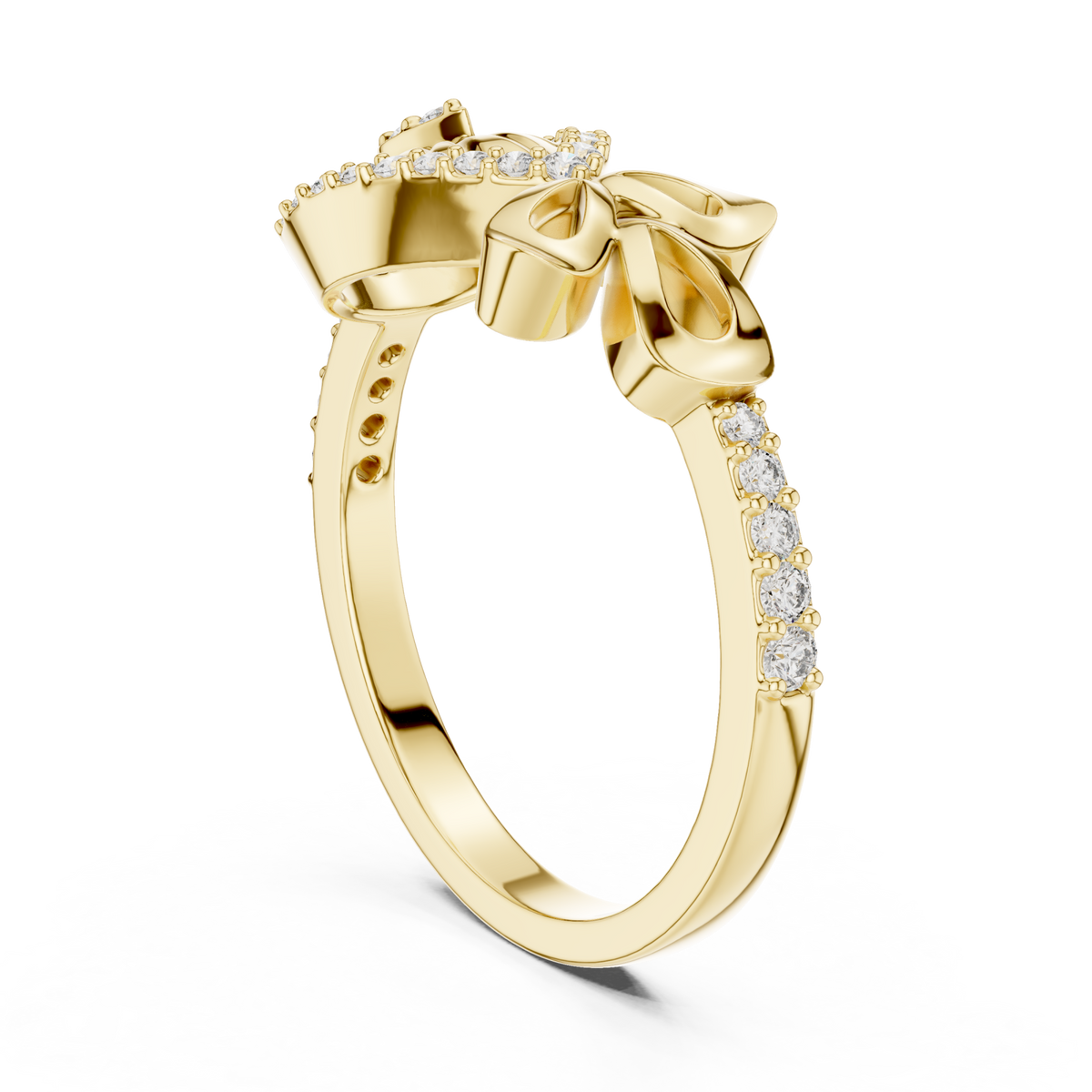 Teardrop fan bow pave ring yellow gold side view