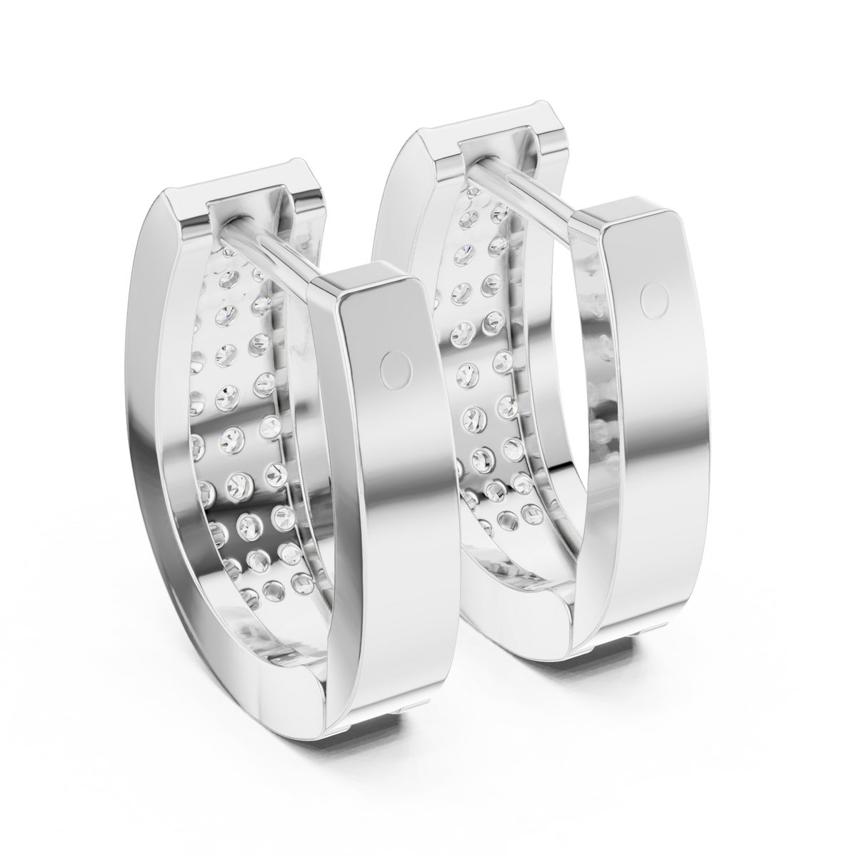  White Gold Three-Row Pave Huggie Hoops Angle View