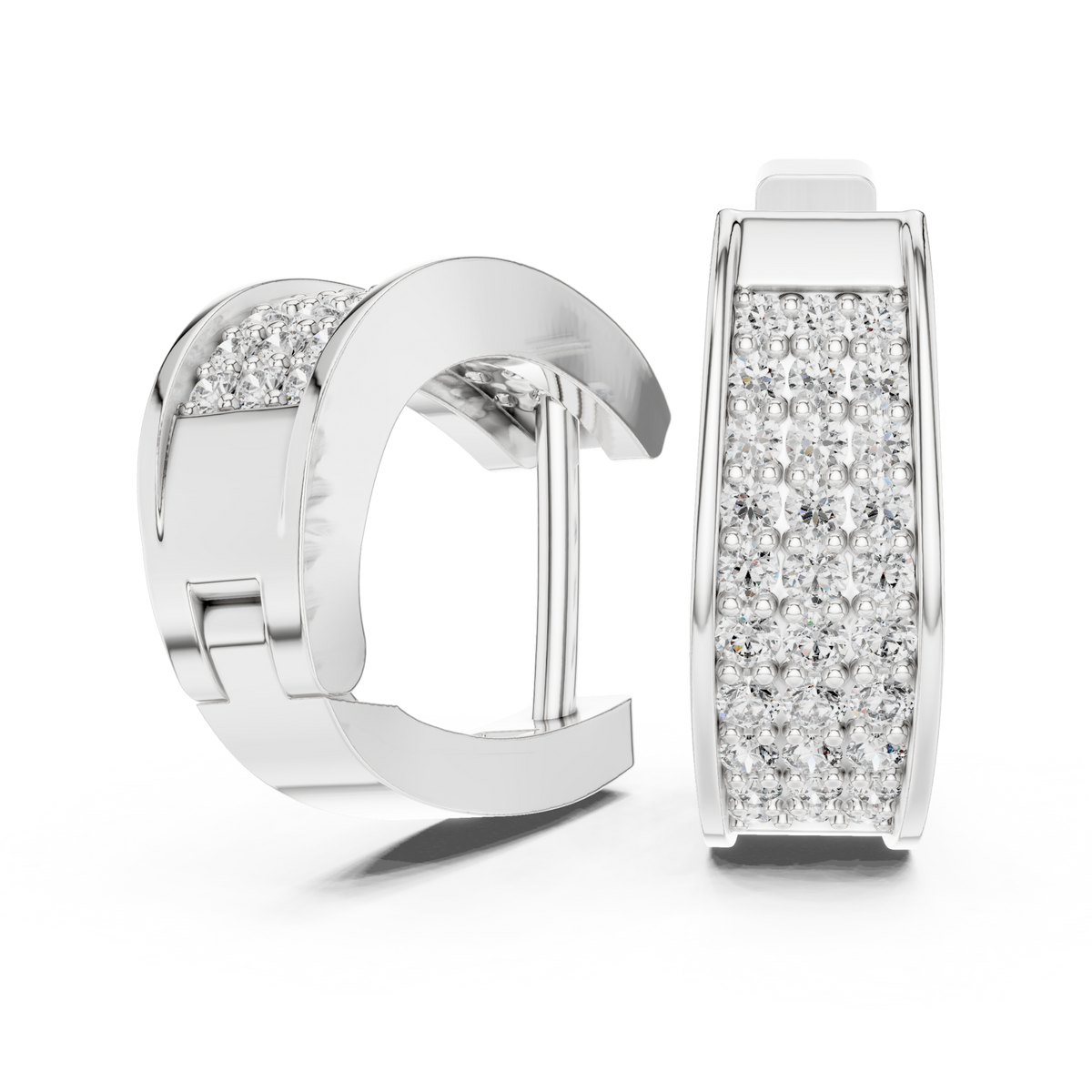  White Gold Three-Row Pave Huggie Hoops Side View
