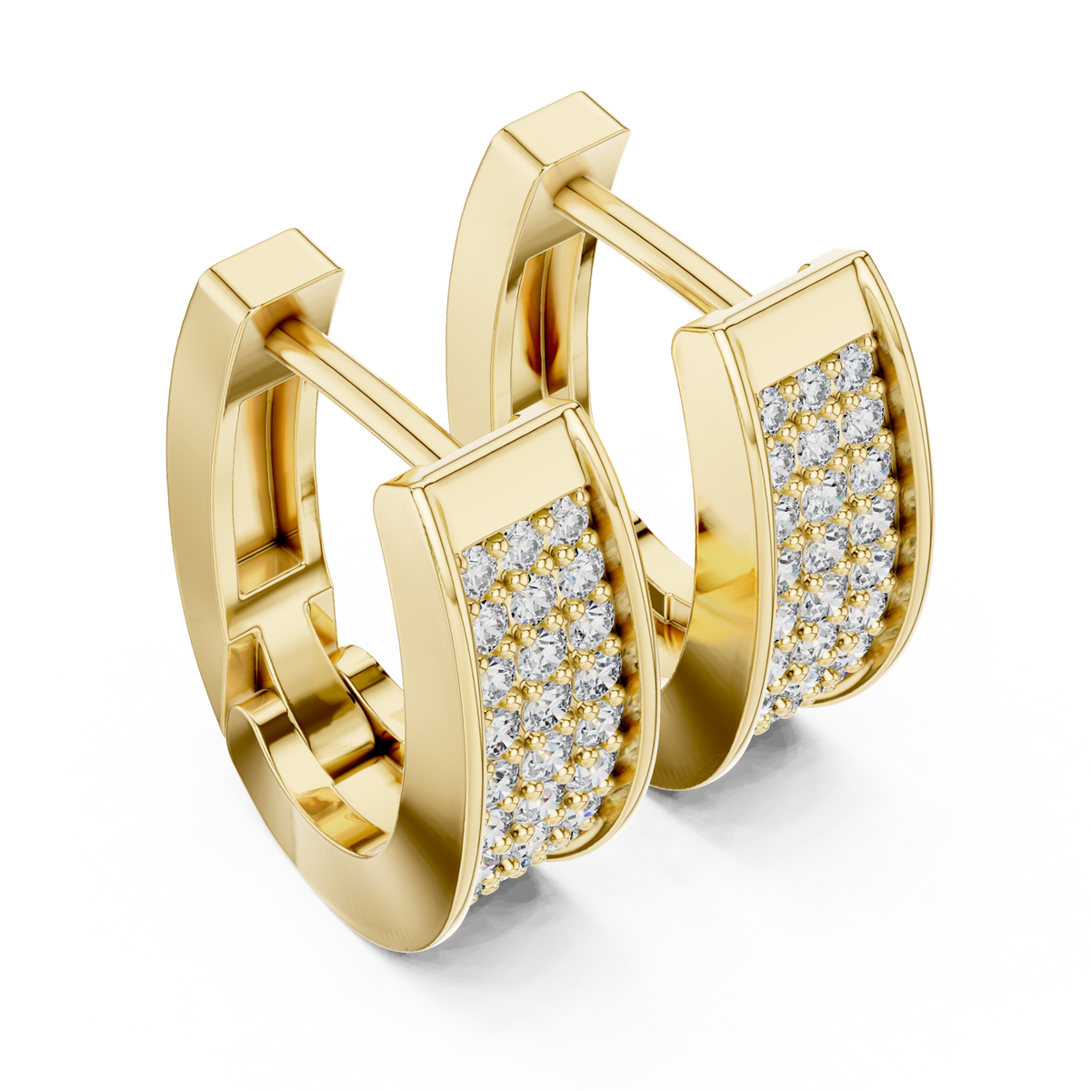 Gold Three-Row Pave Huggie Hoops Front View