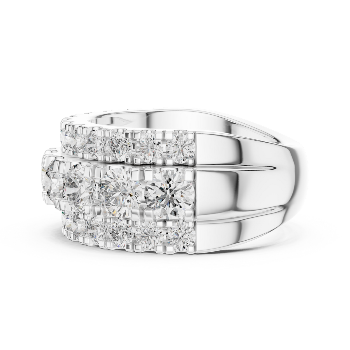 Three-row round cluster band white gold angle view