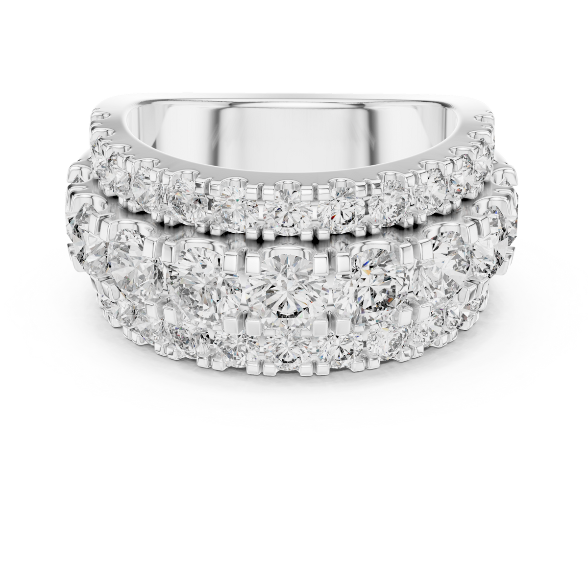Three-row round cluster band white gold detail view