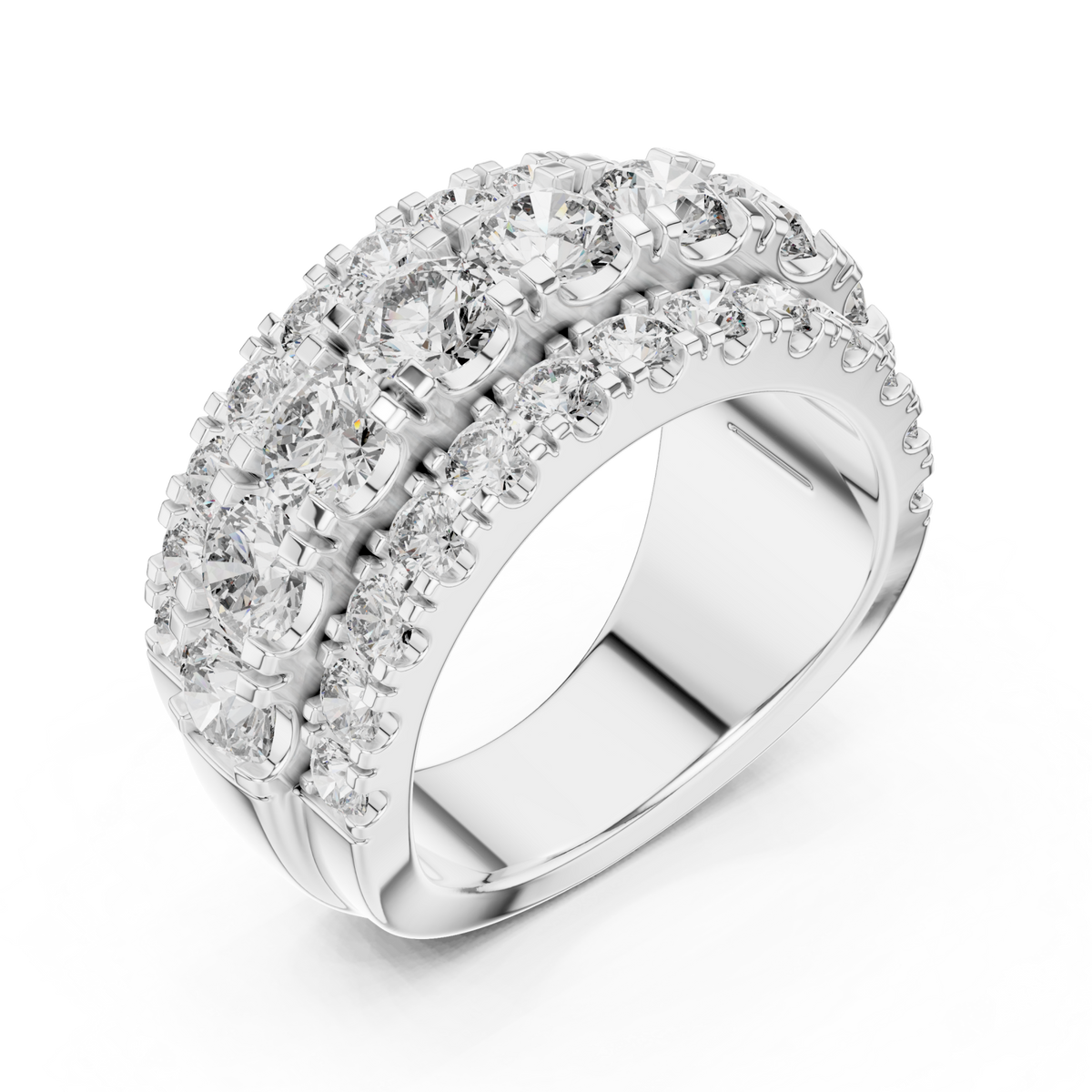 Three-row round cluster band white gold front view