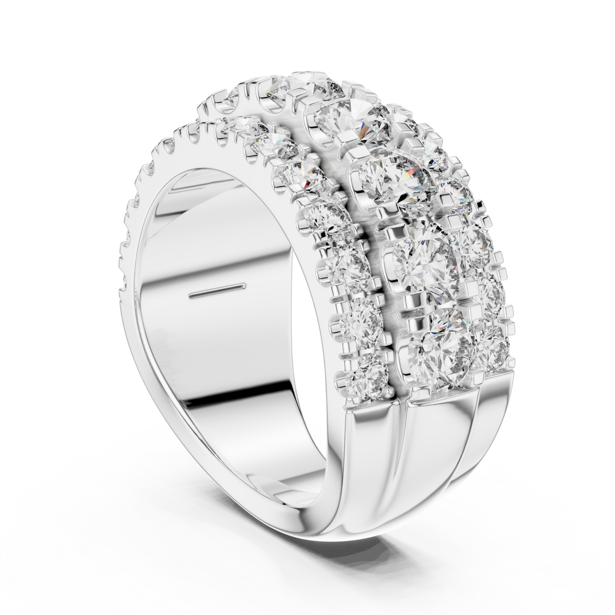 Three-row round cluster band white gold side view
