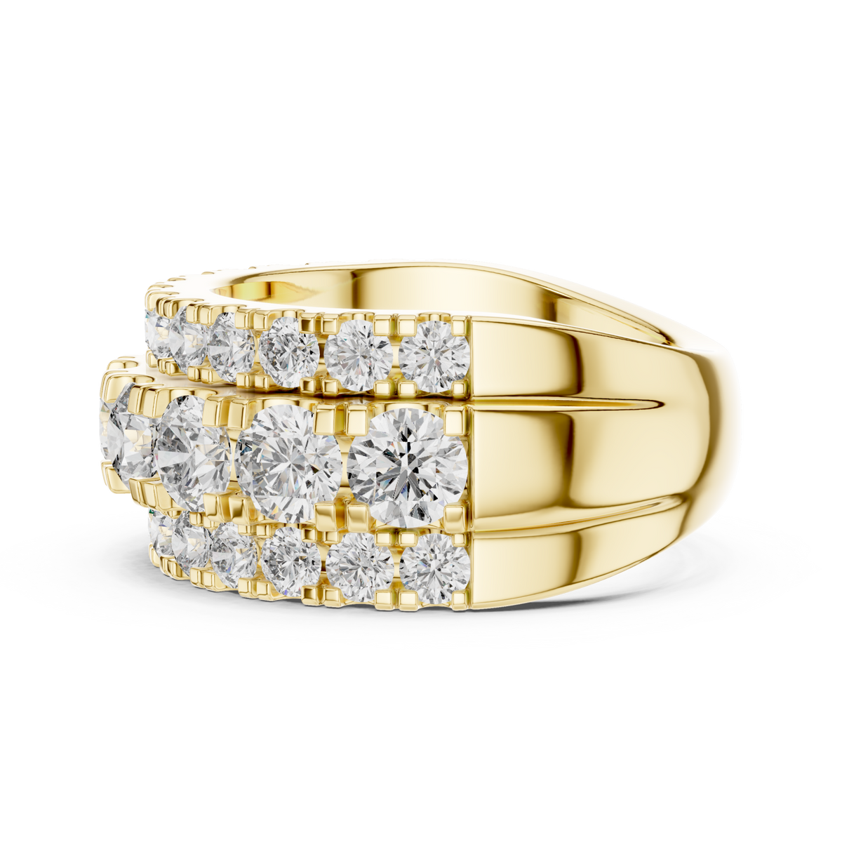 Three-row round cluster band yellow gold angle view