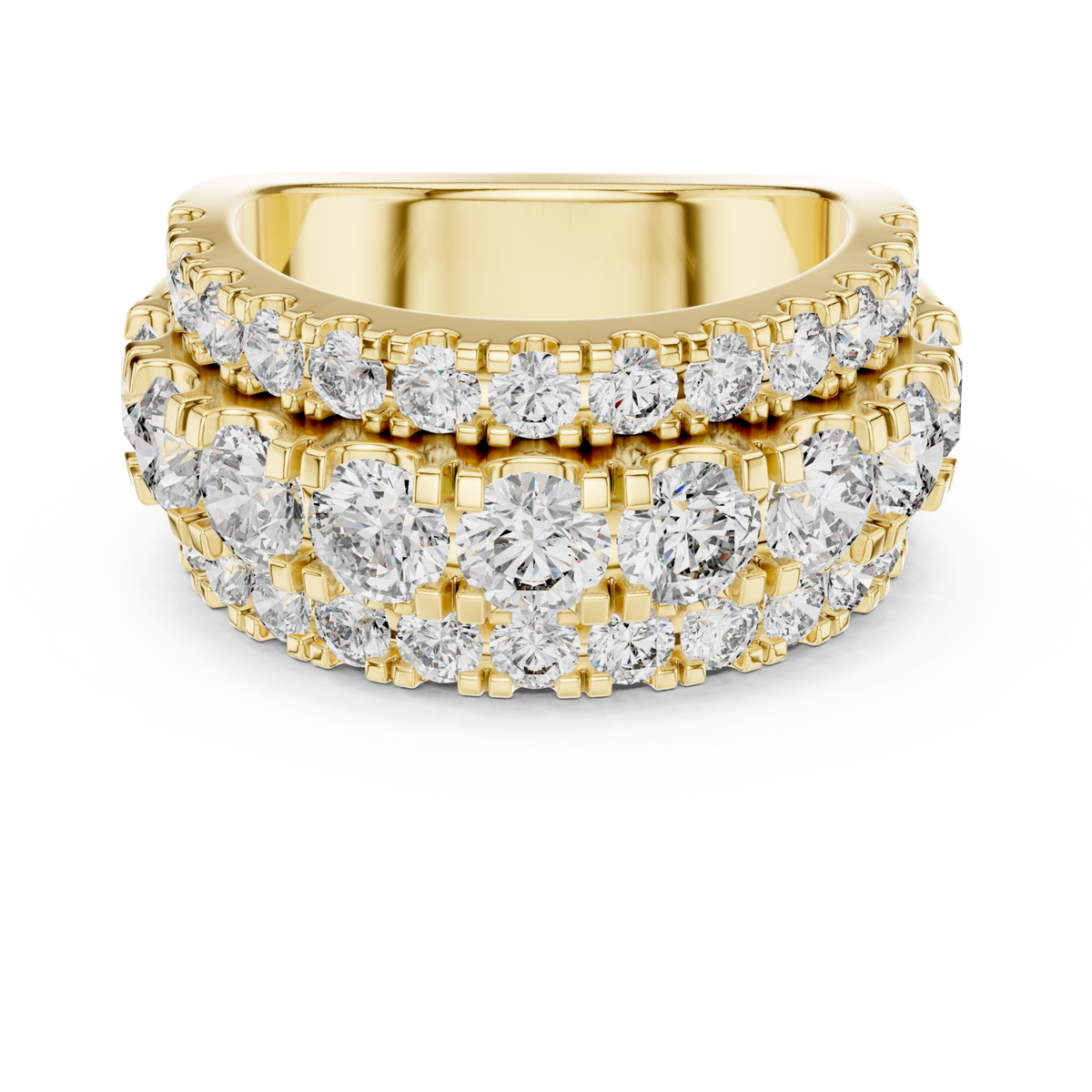 Three-row round cluster band yellow gold detail view