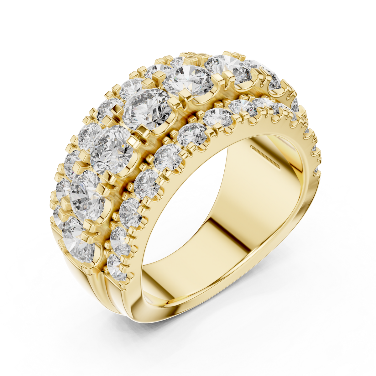Three-row round cluster band yellow gold front view