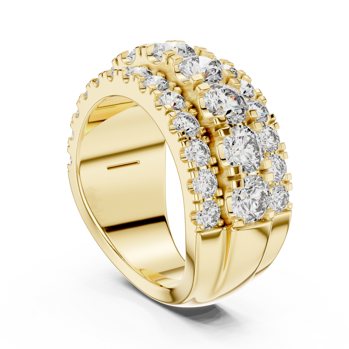 Three-row round cluster band yellow gold side view