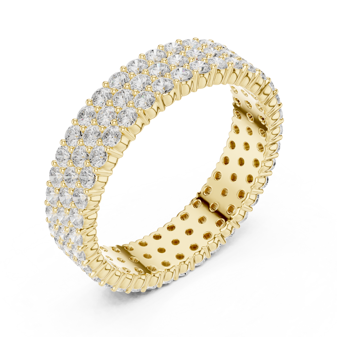 Three-row round pave full eternity band yellow gold front view