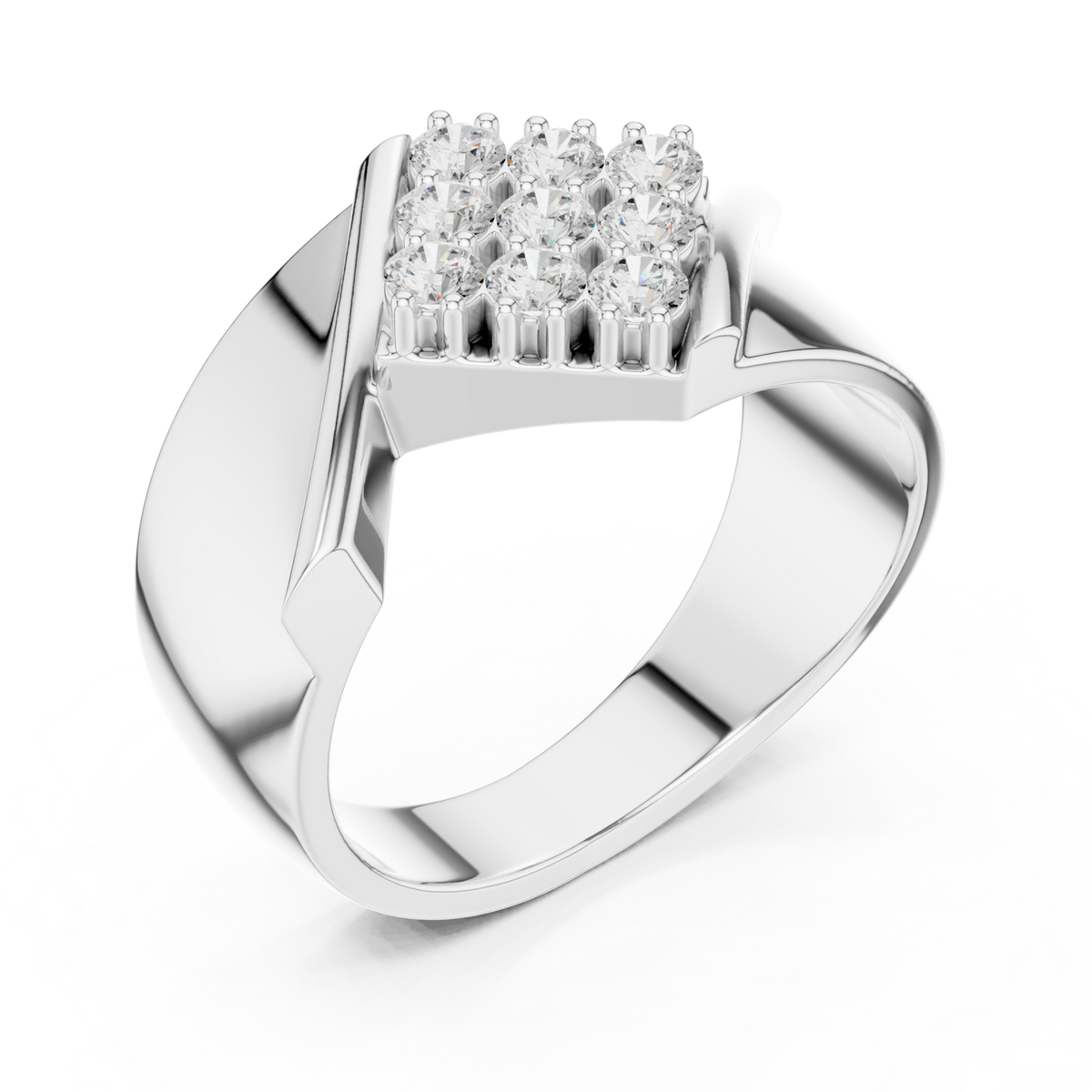 White Gold Tilted Grid Diamond Cluster Ring for Him Front View