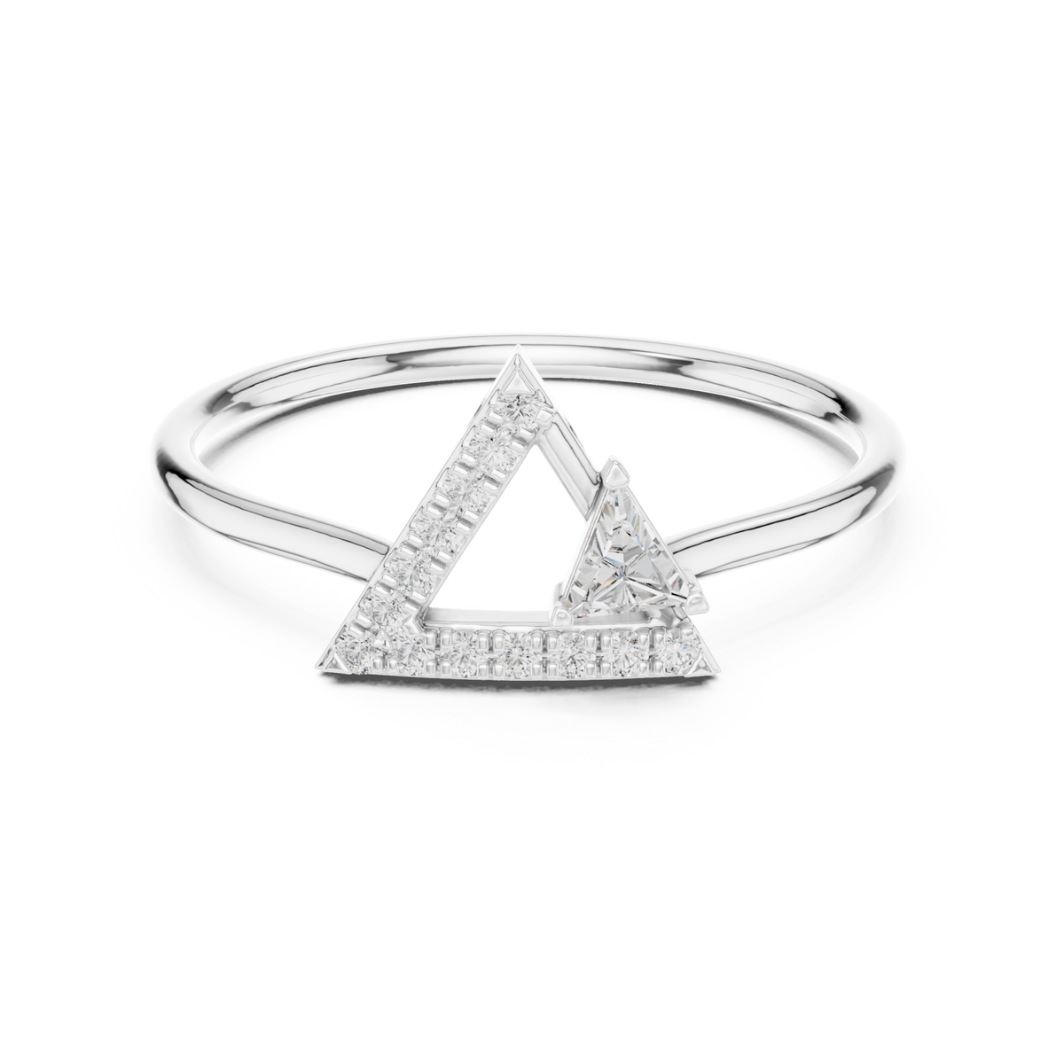 Trillion and pave triangle ring white gold detail view