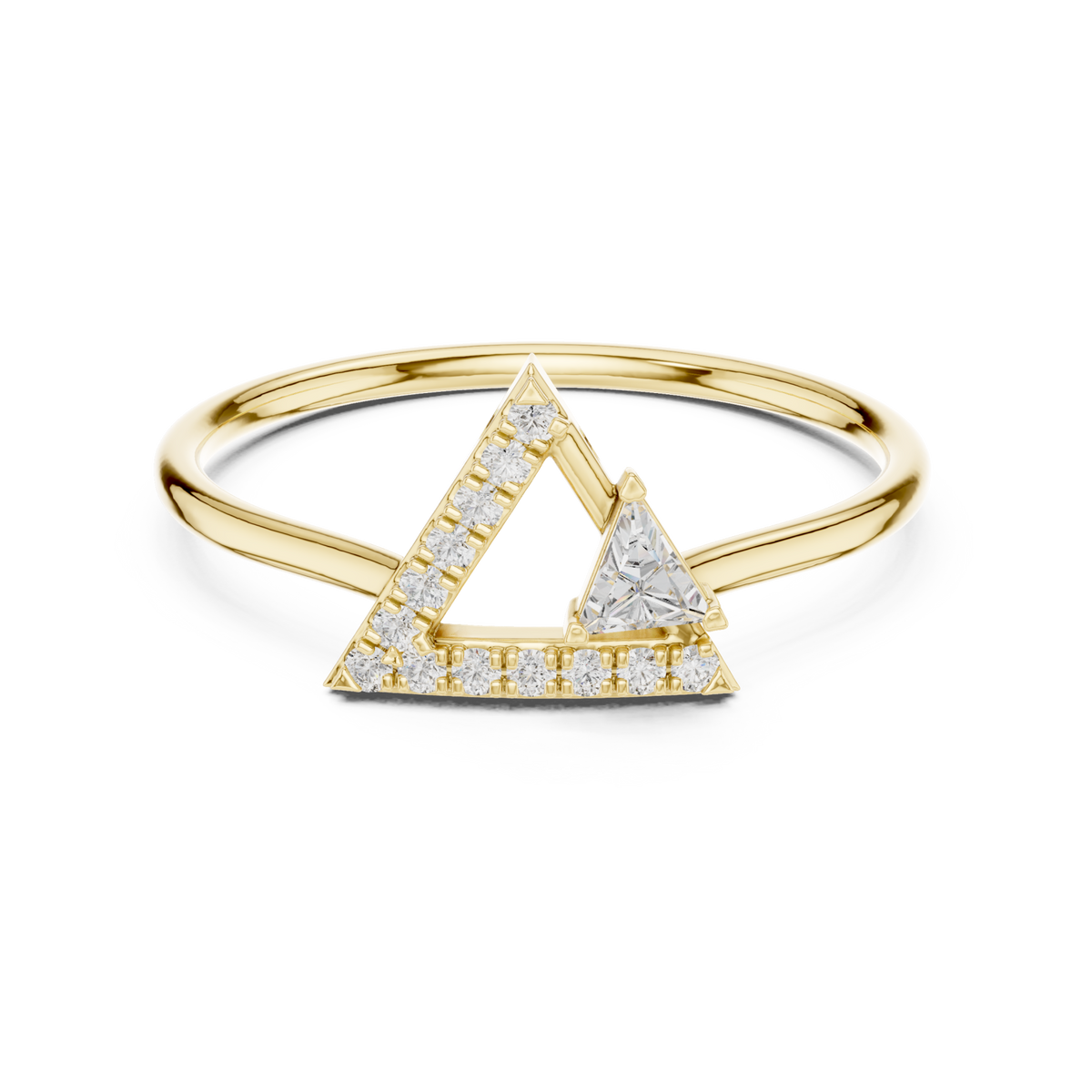 Trillion and pave triangle ring yellow gold detail view