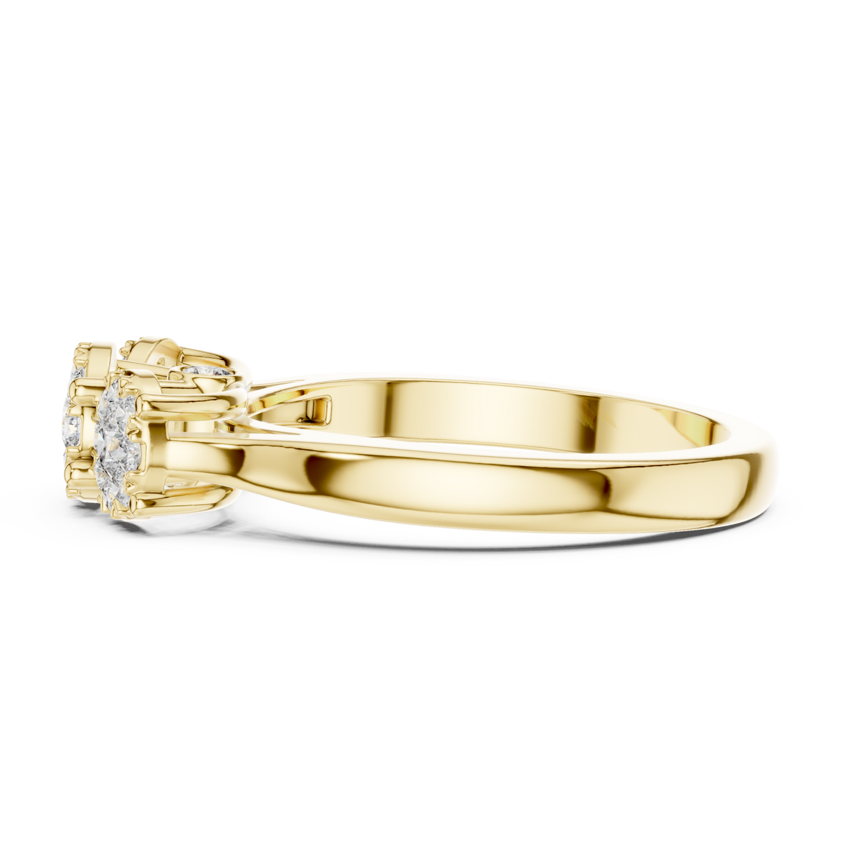 Trilogy diamond cluster ring yellow gold angle view