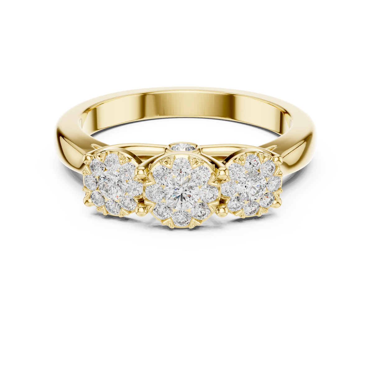Trilogy diamond cluster ring yellow gold detail view