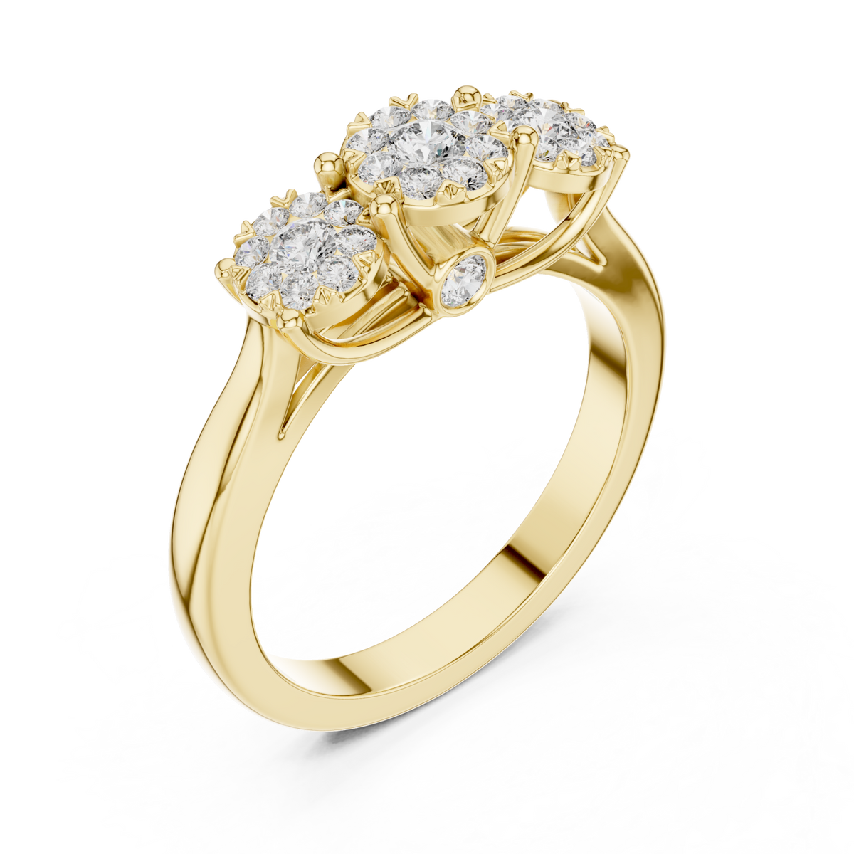 Trilogy diamond cluster ring yellow gold front view