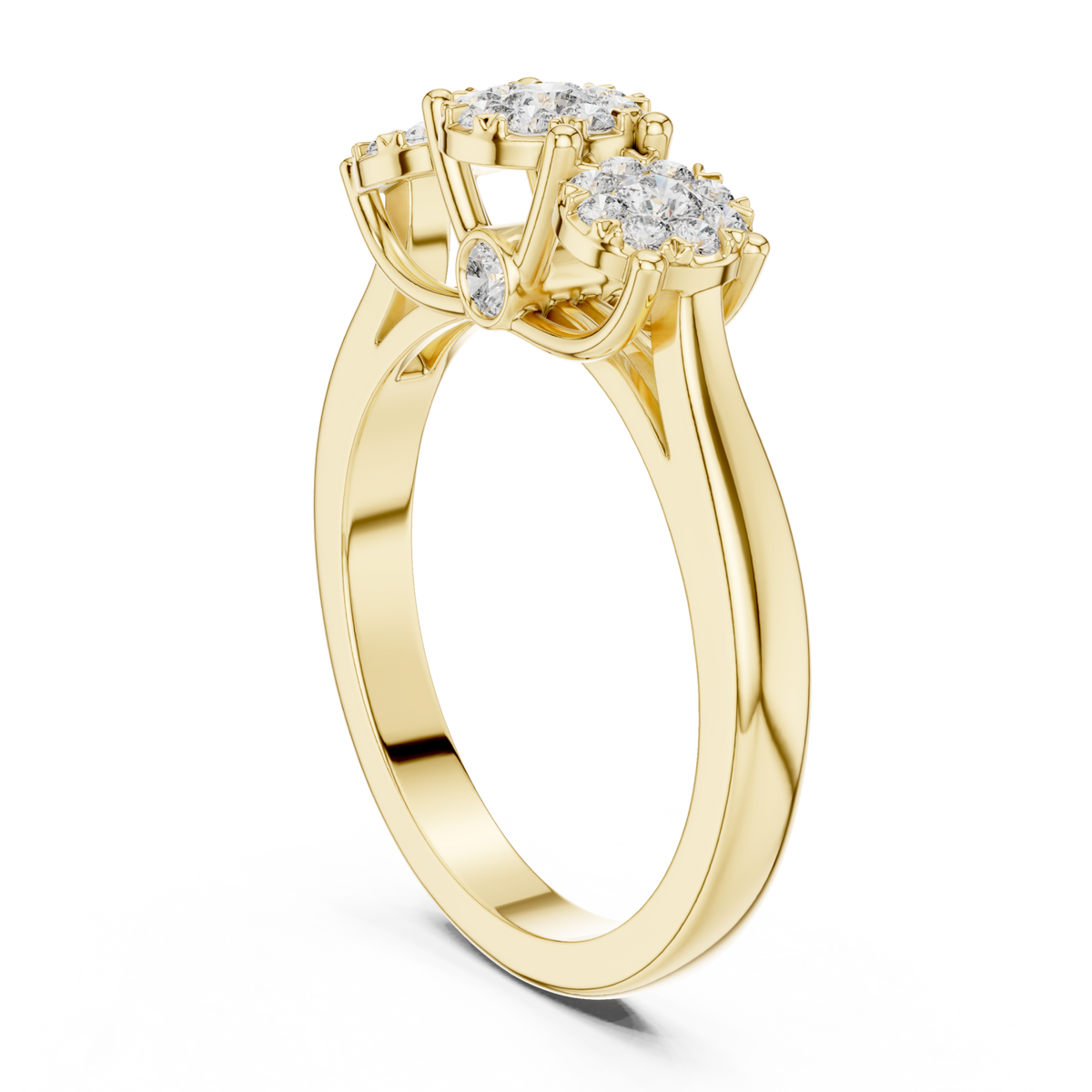 Trilogy diamond cluster ring yellow gold side view